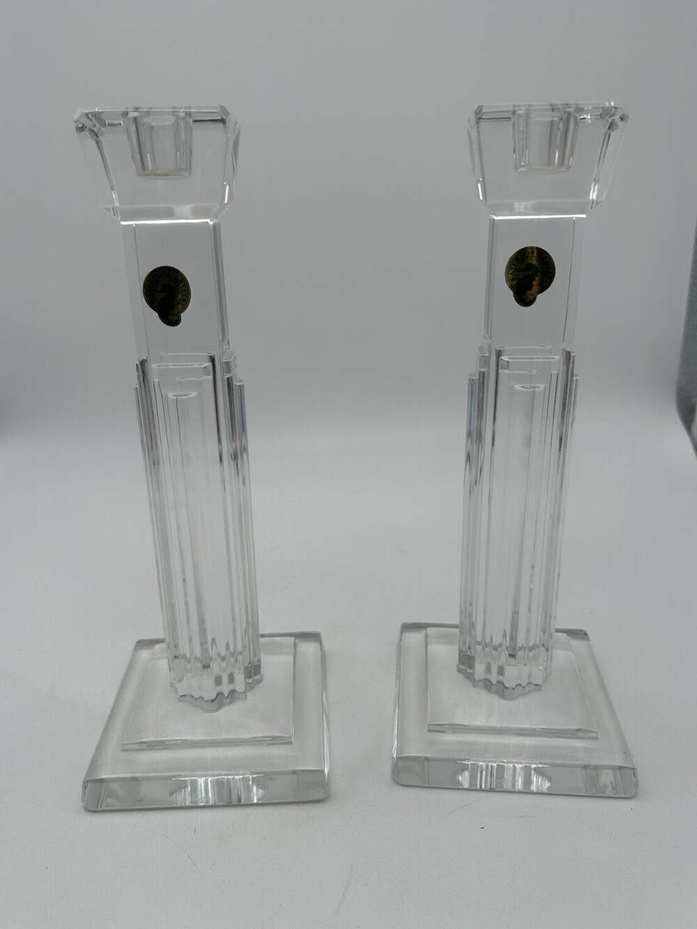 1990s IRISH WATERFORD CRYSTAL 10" METROPOLITAN Art Deco Motif CANDLE HOLDERS